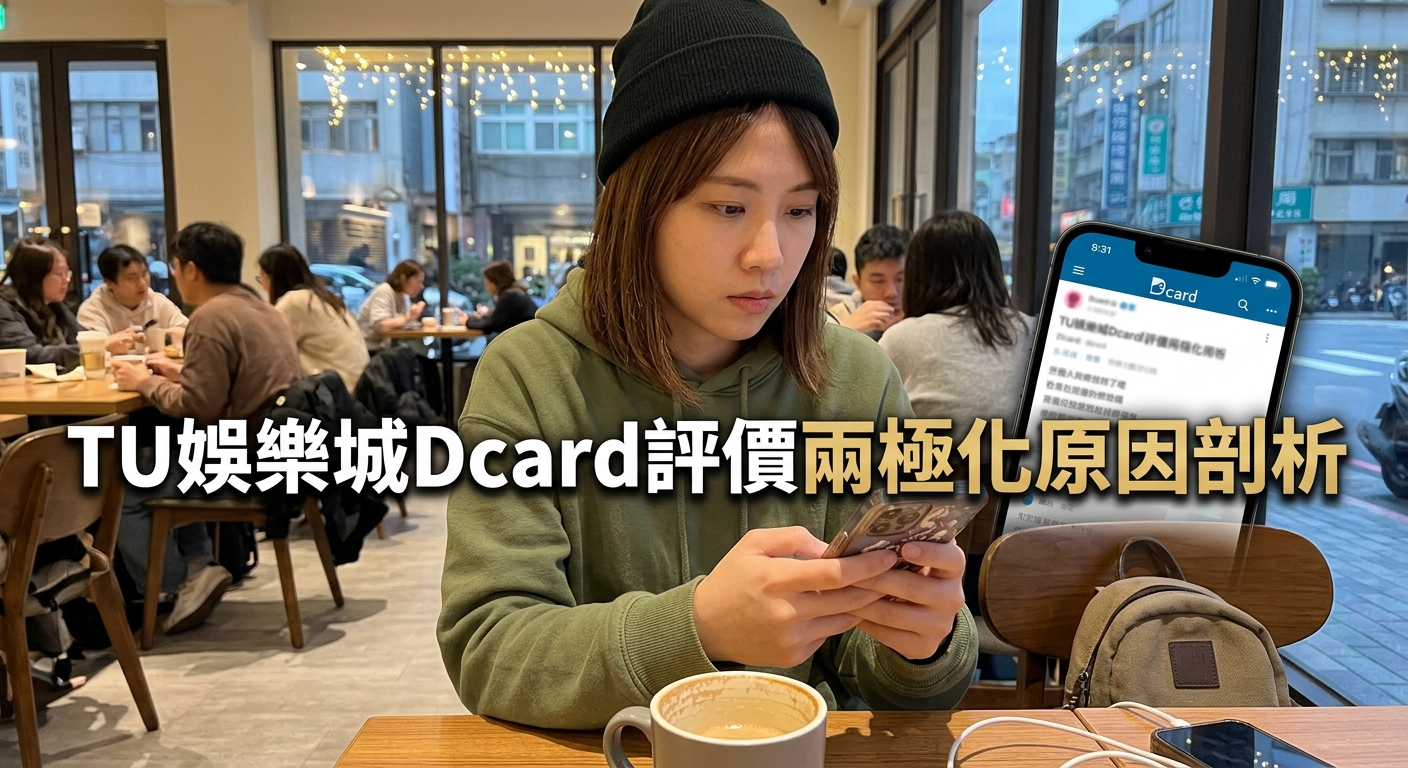 一名年輕女子坐在咖啡館裡專注地看著手機，桌上放著一杯咖啡。 圖片下方標有醒目的標題「TU娛樂城Dcard評價兩極化原因剖析」。